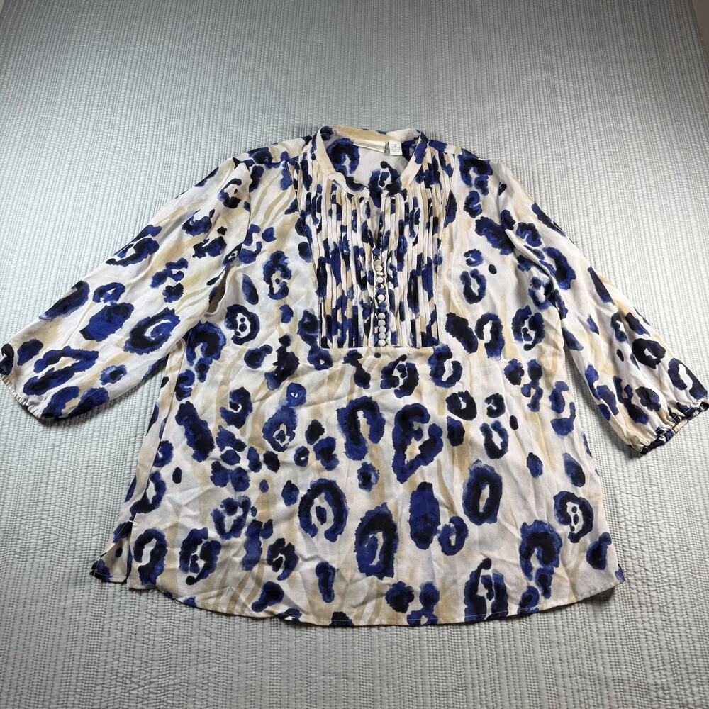 Chico's Tunic Blouse Top Animal Print Blue Cream Boho Chic Capsule Wardrobe